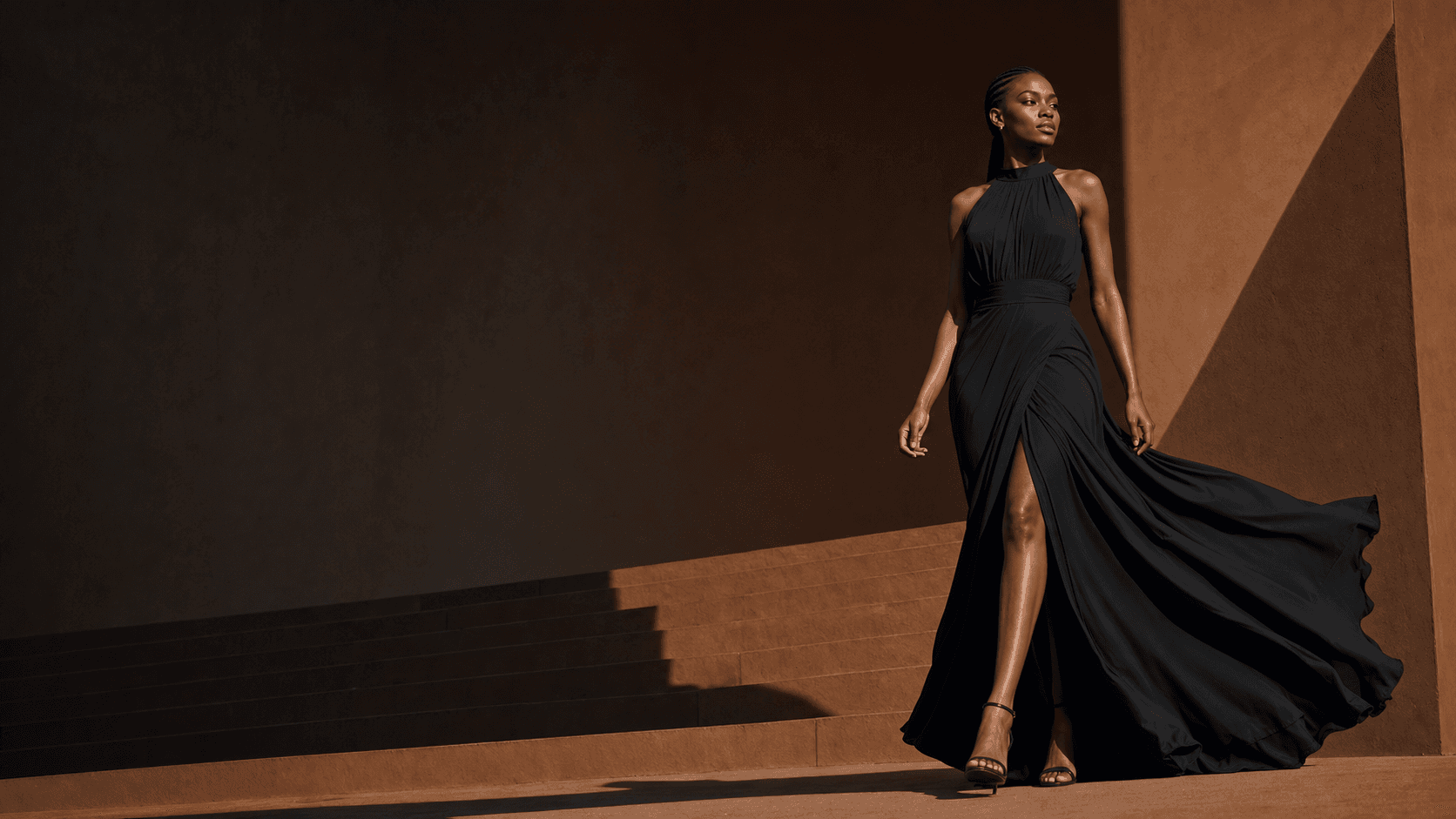 Concept fashion campaign showing a woman in a flowing black evening dress