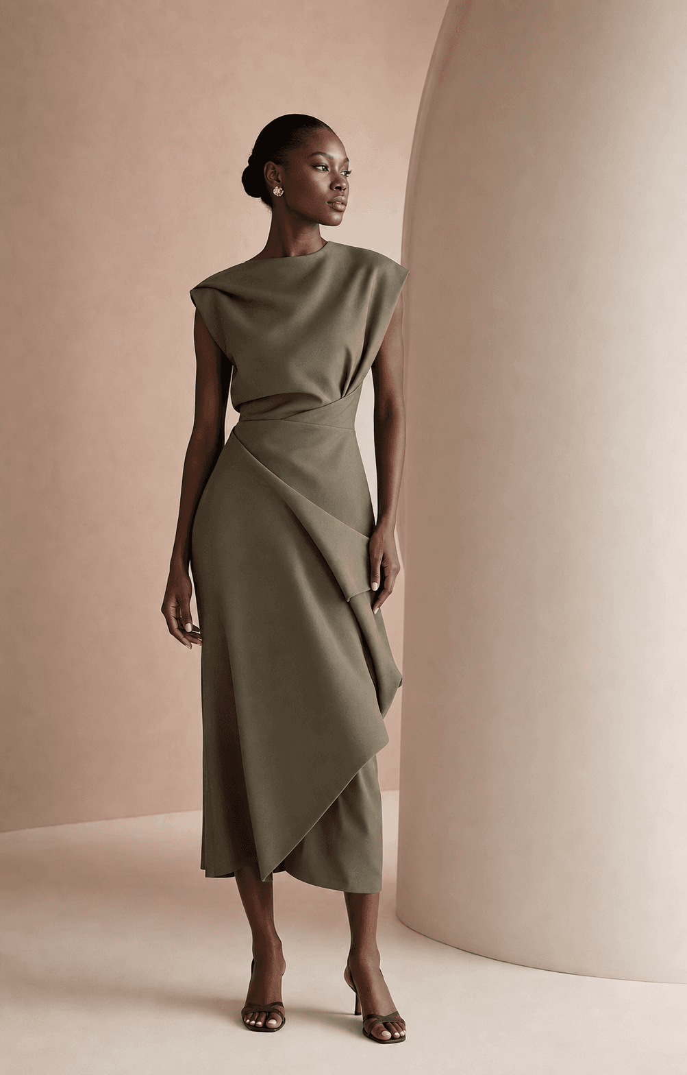 Concept presentation of an olive asymmetric dress silhouette