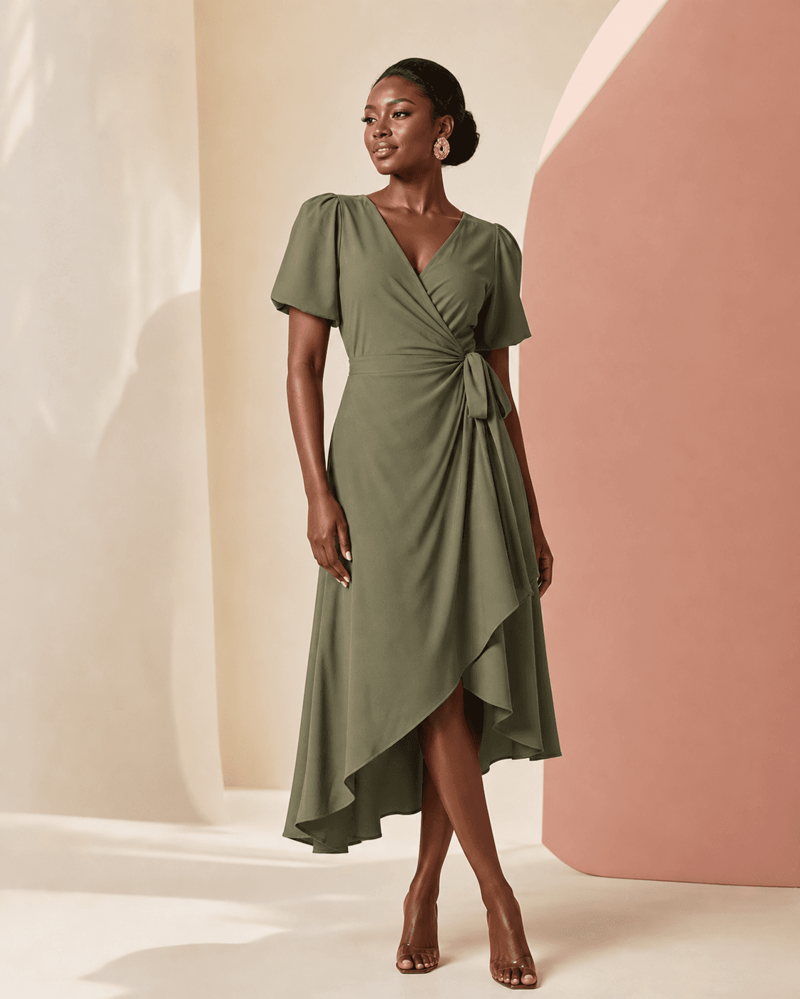 Concept presentation of a muted-olive wrap midi dress