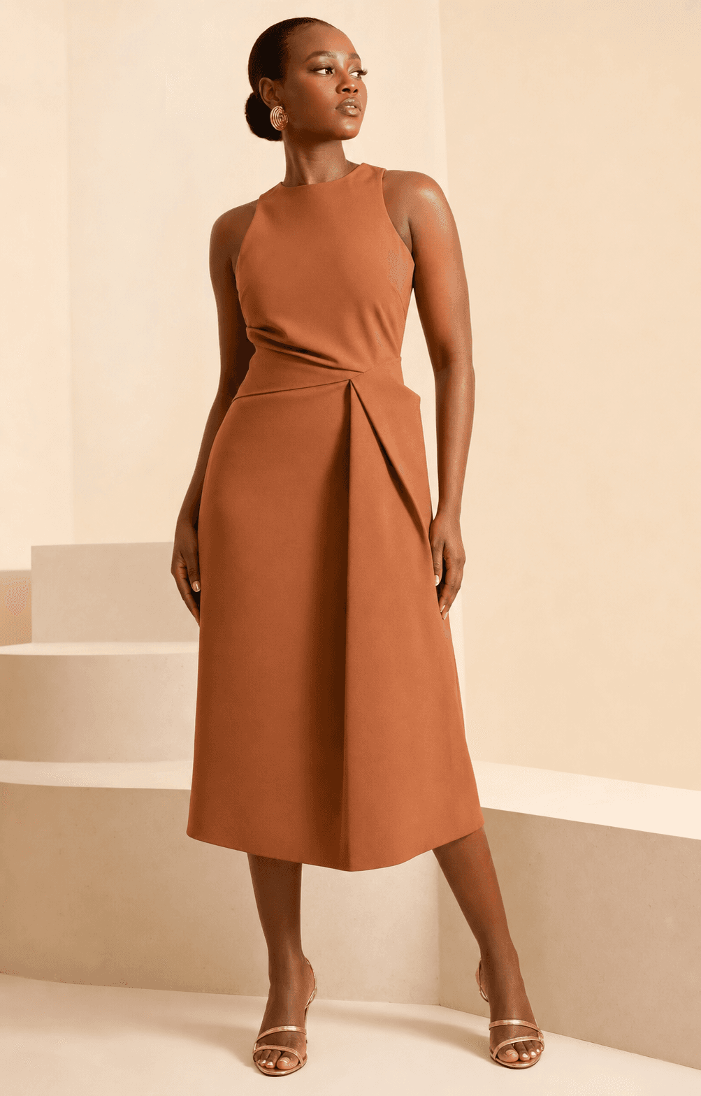 Concept presentation of a clay-brown midi dress